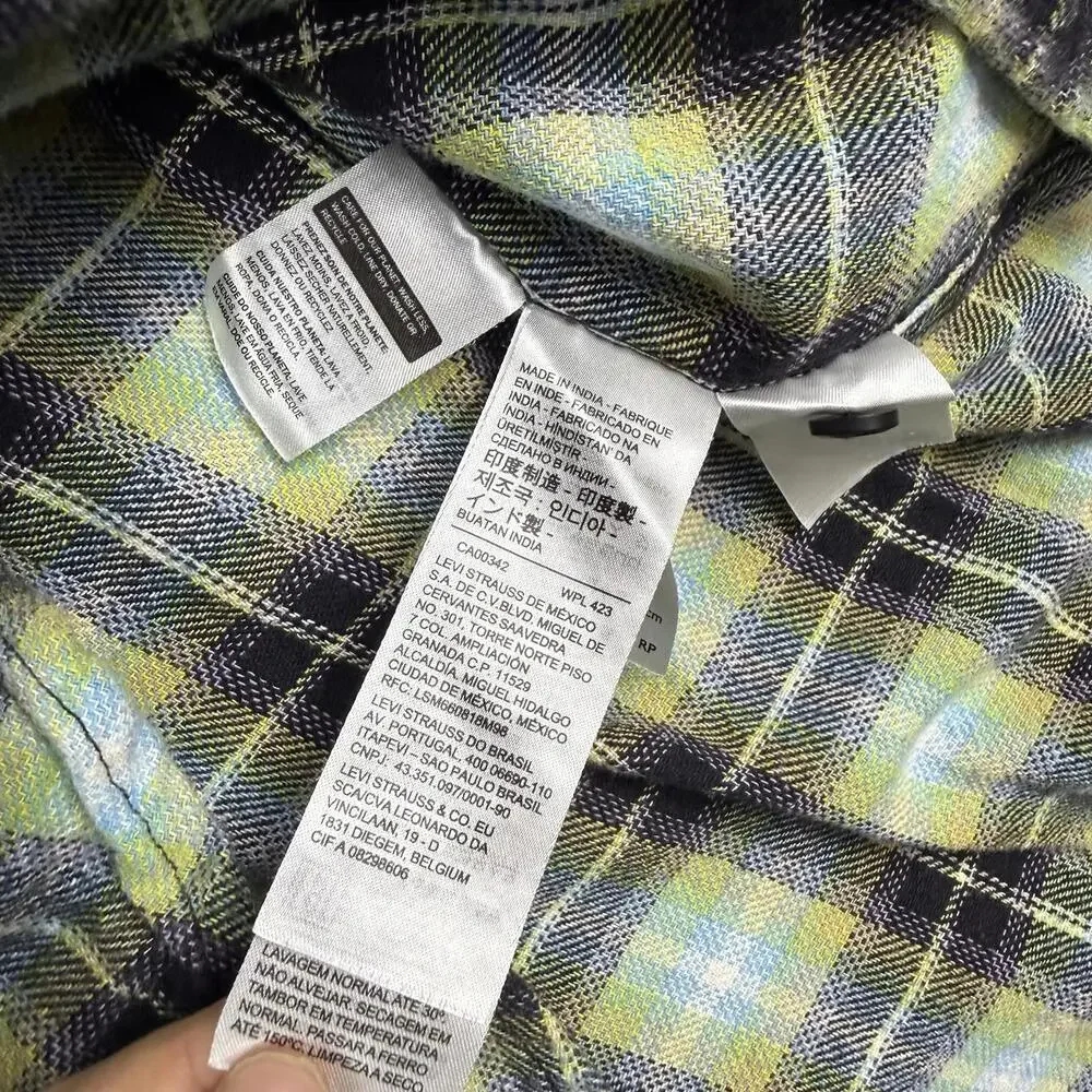 Levi’s Plaid Flannel Shirt Relaxed Fit Green Blue Yellow Men’s Medium Grunge - Picture 5 of 11